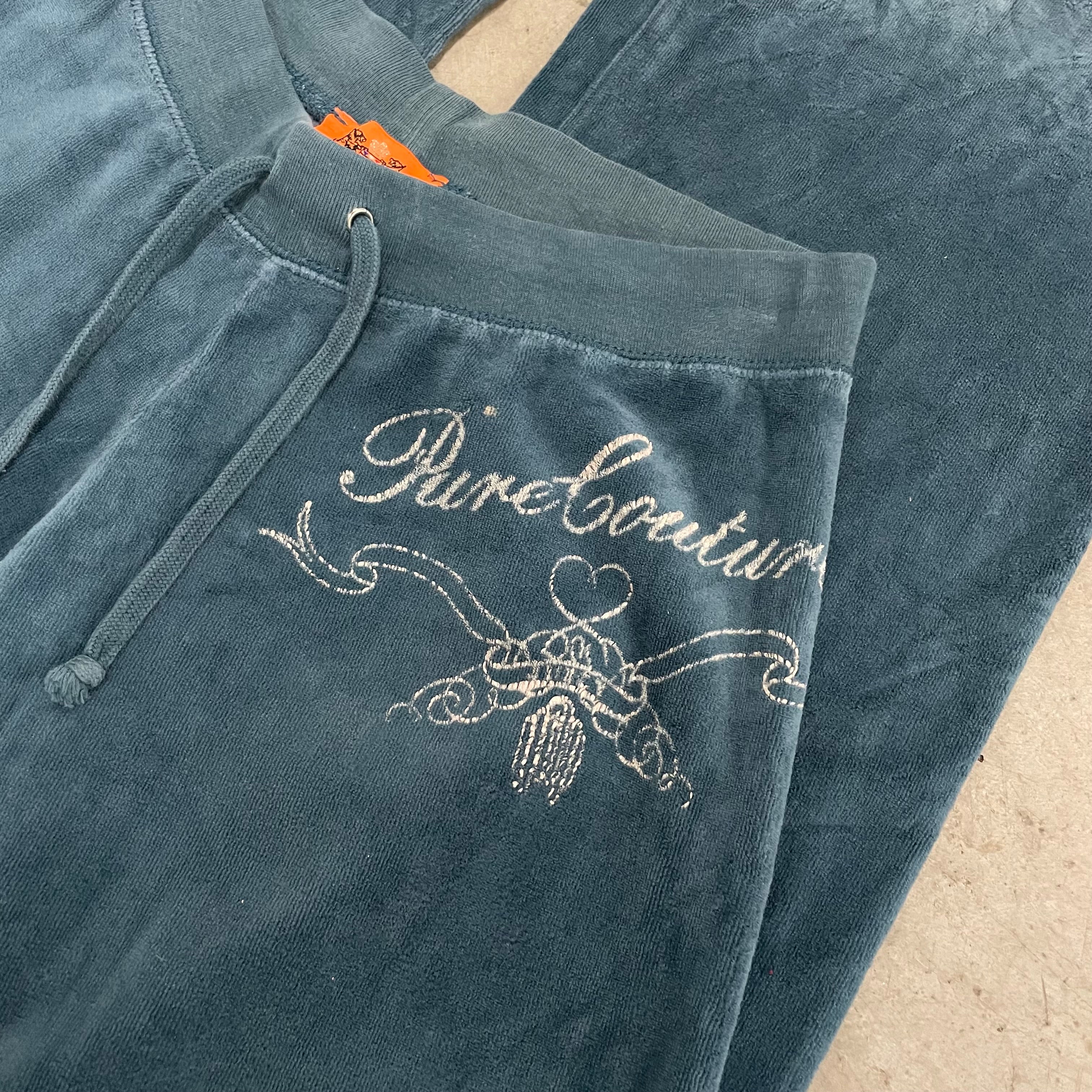 Vintage Juicy Couture Teal Velour Pants “Pure Couture” Design Size S