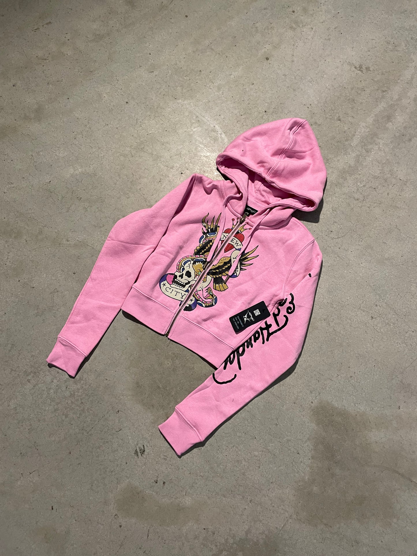 Ed Hardy “Flying Skull” Pink Crop Zip Up Hoodie