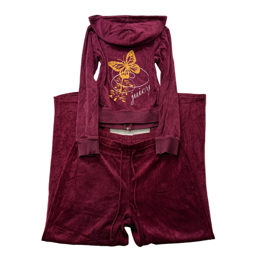 Vintage Juicy Couture Women's Maroon Velour Tracksuit Set Hoodie & Pant Size L