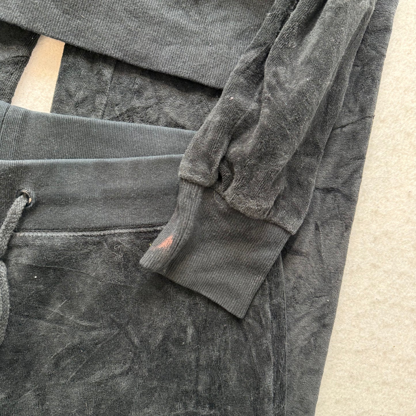 Juicy Couture Jet Black Velour Tracksuit Set Zip Up Hoodie & Flared Pant Size S