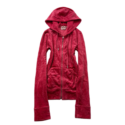Juicy Couture Women's Red Velour Zip-Up Hoodie Drawstring Pockets Classic Size P