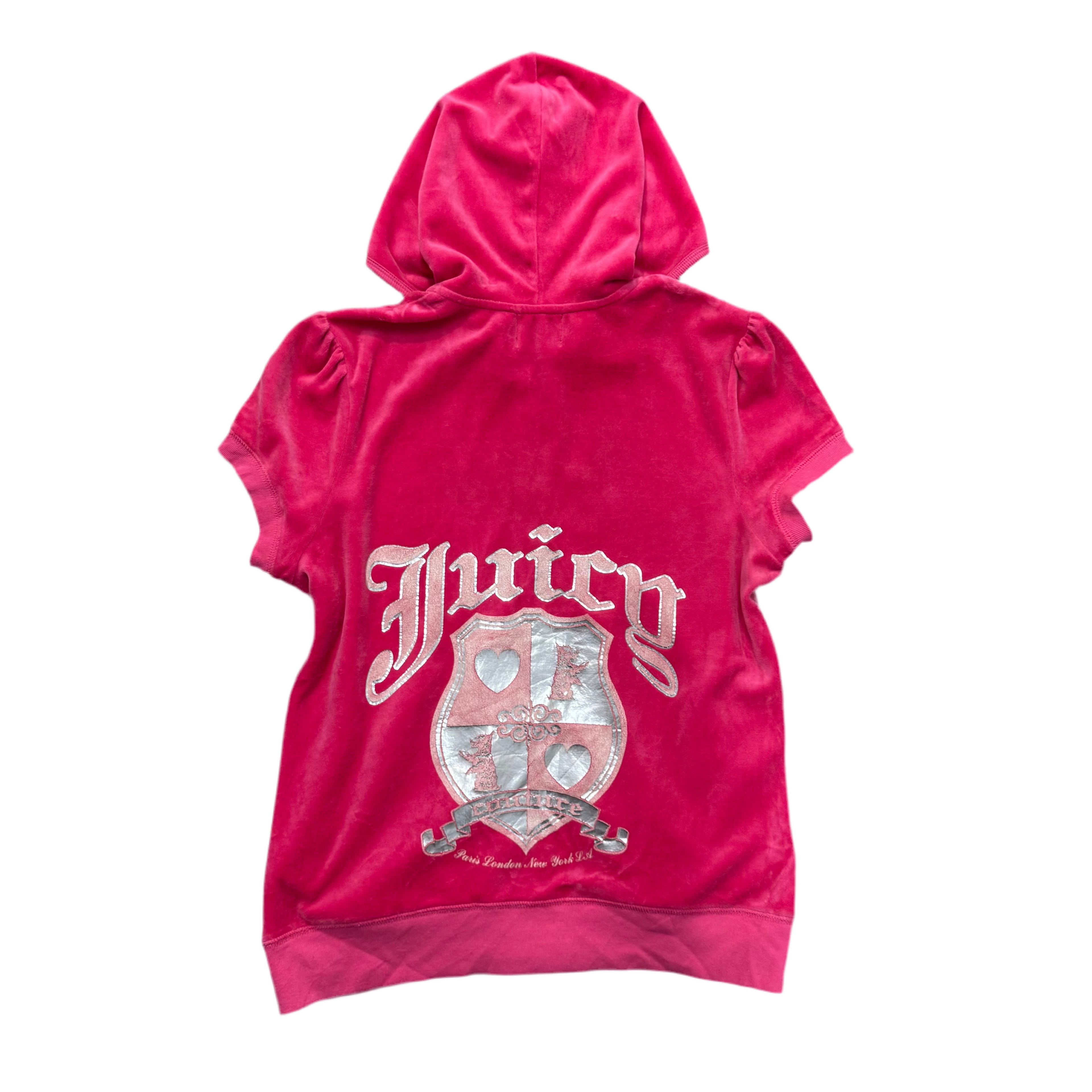 Pink VINTAGE Velour Juicy Couture Short Sleeve Hoodie w/ RARE EMBLEM DESIGN SIZE XL