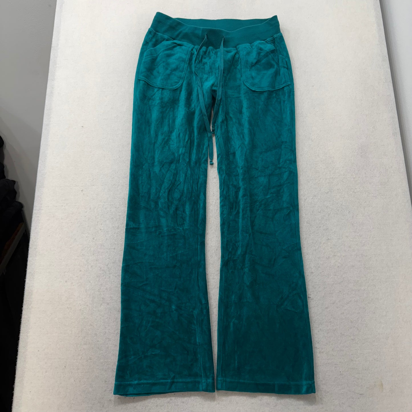 Vintage Juicy Couture Women's Teal Velour Flared Track Pants Snap Pockets Size L