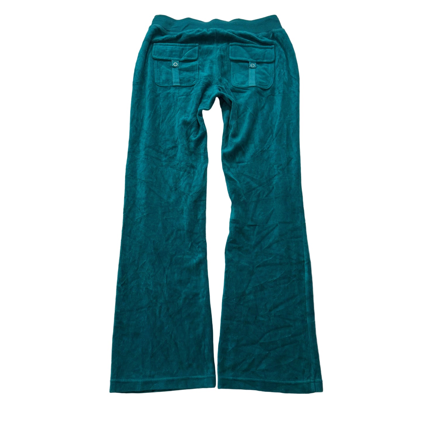 Vintage Juicy Couture Women's Teal Velour Flared Track Pants Snap Pockets Size L