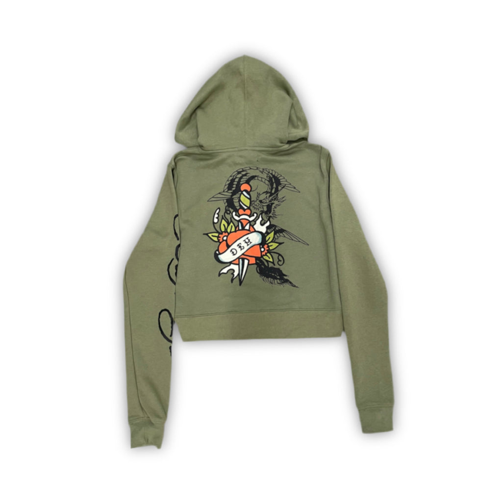 ED HARDY “dragon hearts” SAGE CROPPED ZIP UP HOODIE