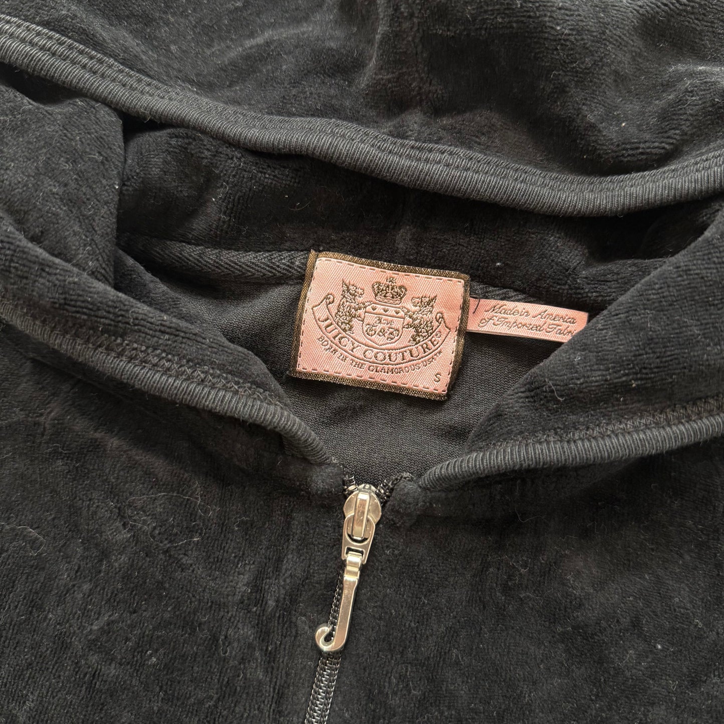 Vintage Juicy Couture Women's Black Velour Zip Up Hoodie Rhinestones Logo Size S