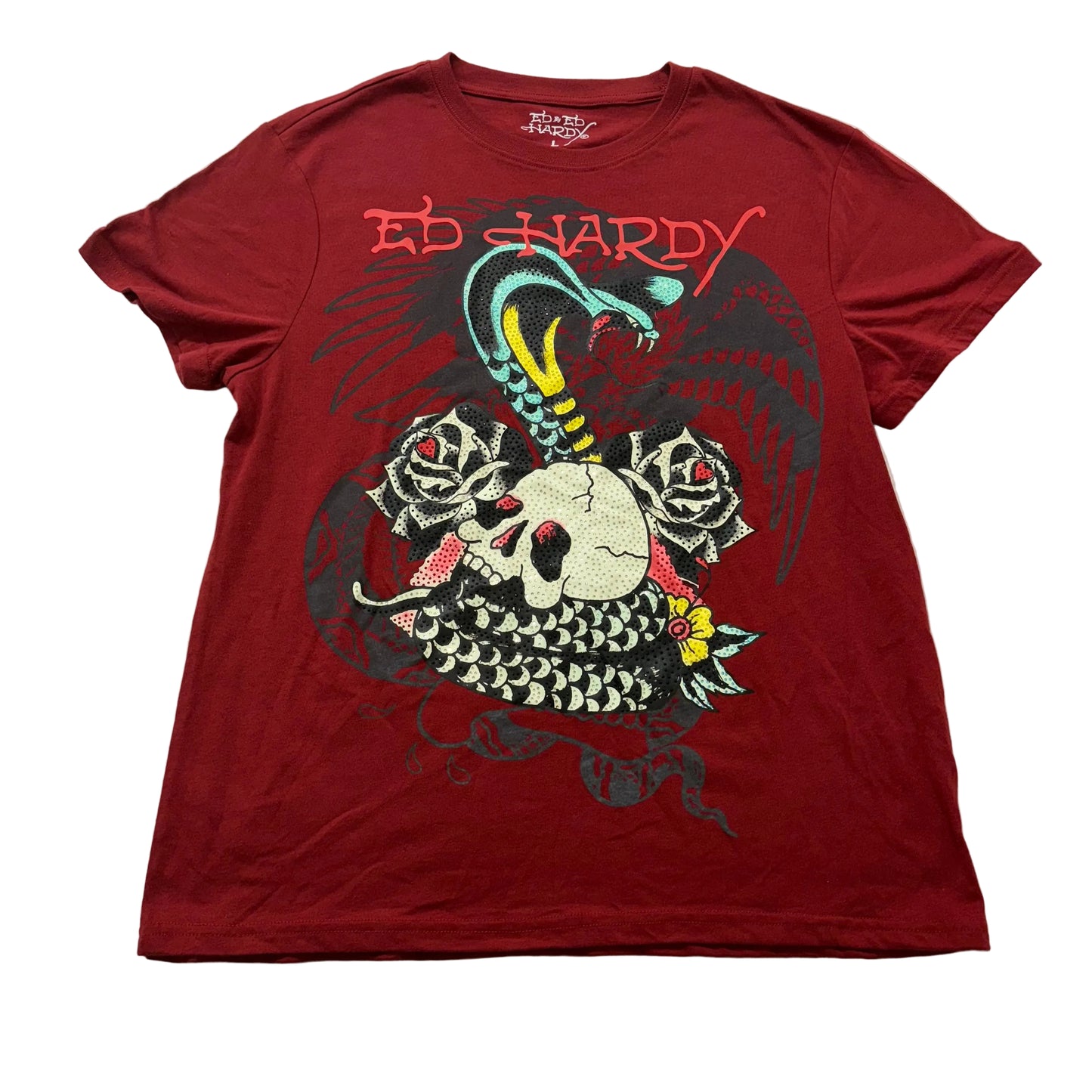 Ed Hardy Skull Snake Men's Red Cotton T-Shirt Short Sleeves Graphic Tee Size L