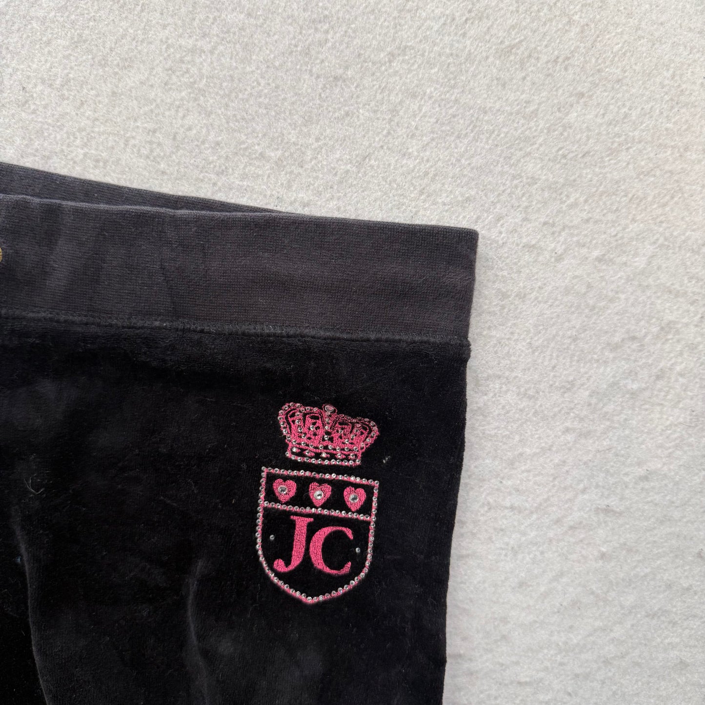 Juicy Couture Women Black Velour Flared Track Pant Rhinestones Crown Logo Size M