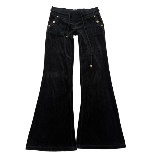 Vintage Juicy Couture Women's Black Velour Track Pant Flared Drawstring Size S