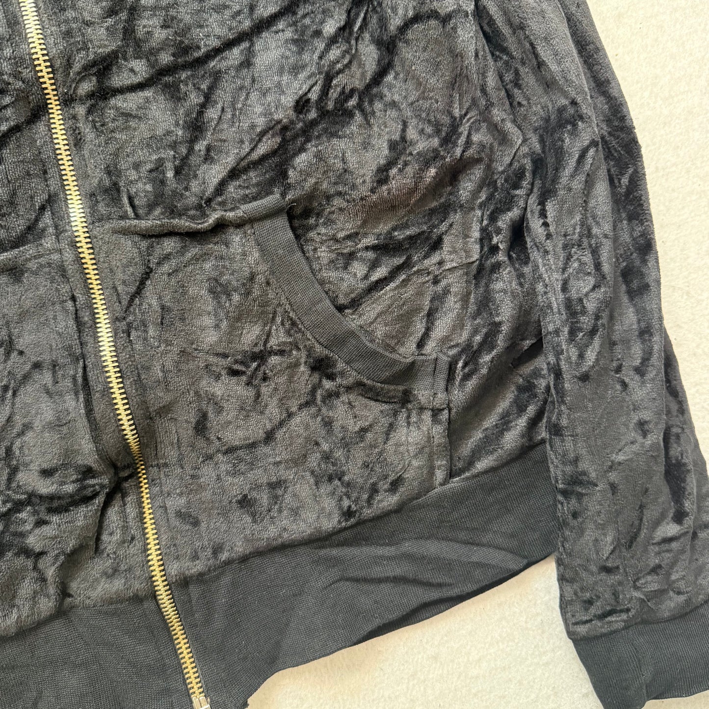 Juicy Couture Women's Jet Black Velour Zip Up Hoodie Rhinestones Logo Y2K Size M