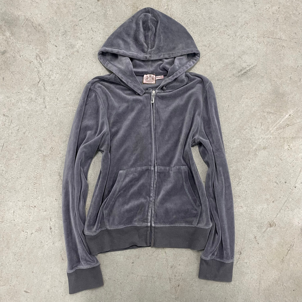 Vintage Juicy Couture Crown Design Grey Velour Zip Up Hoodie sz XL