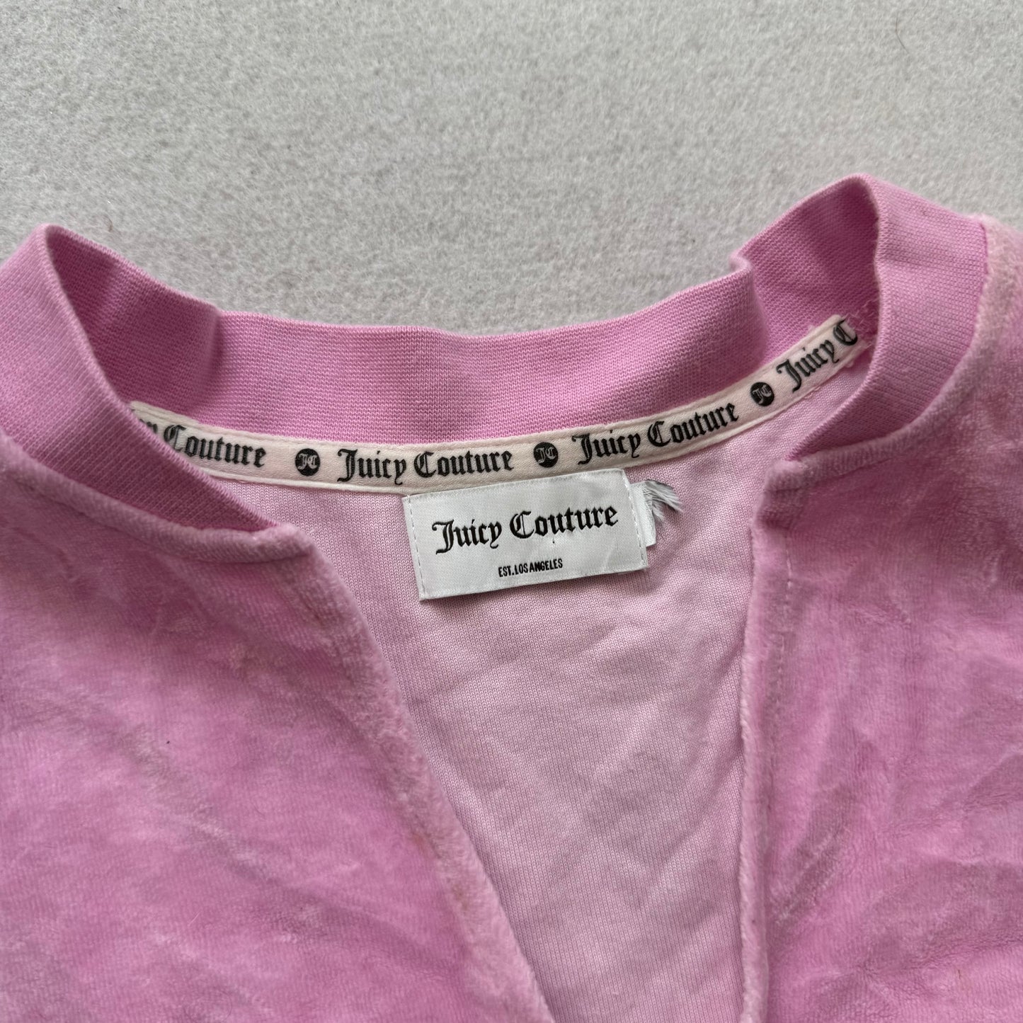 Juicy Couture Women's Pink Blue Striped Velour Blouse Top Full Zip Short Sleeve