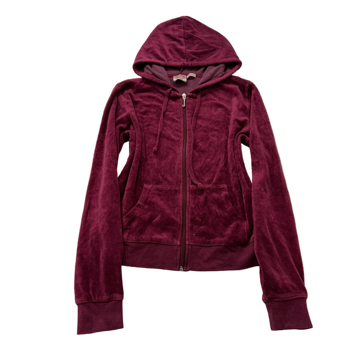 Vintage Juicy Couture Women Maroon Velour Zip-Up Hoodie Drawstring Pocket Size S