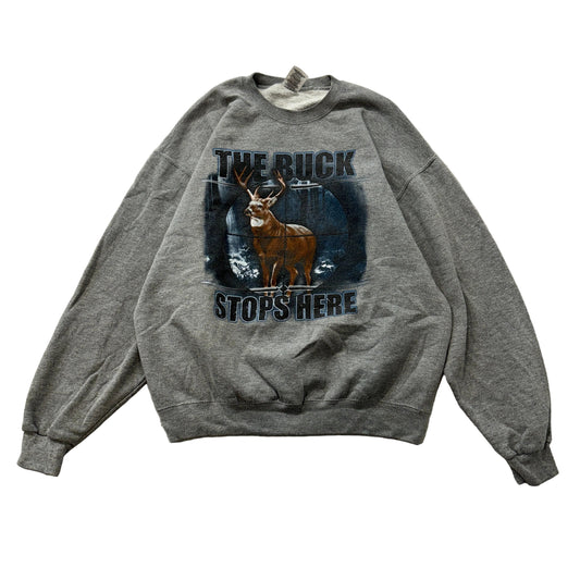 Jerzees Mens Heather Gray Fleece Crewneck Sweatshirt Deer Hunting Graphic Size L