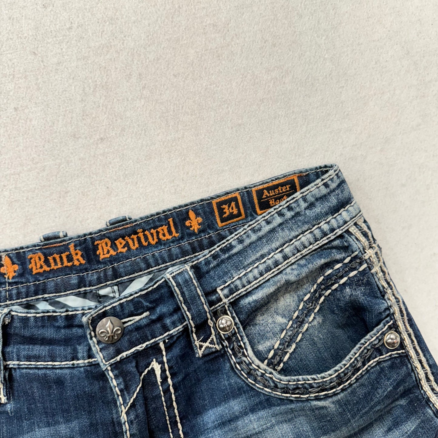 Rock Revival Auster Women's Blue Denim Bootcut Jeans Fleur-De-Lis Pocket Size 34