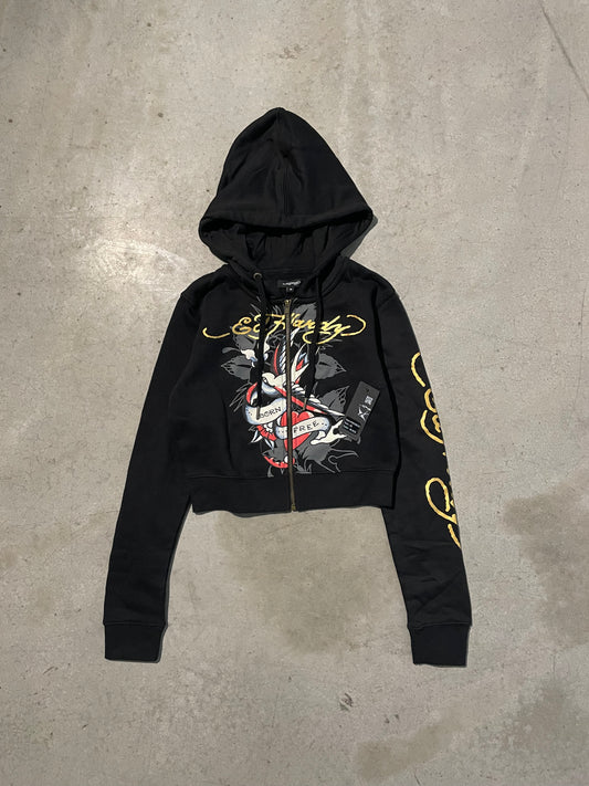 ED HARDY “SWALLOW” BLACK CROPPED ZIP UP HOODIE