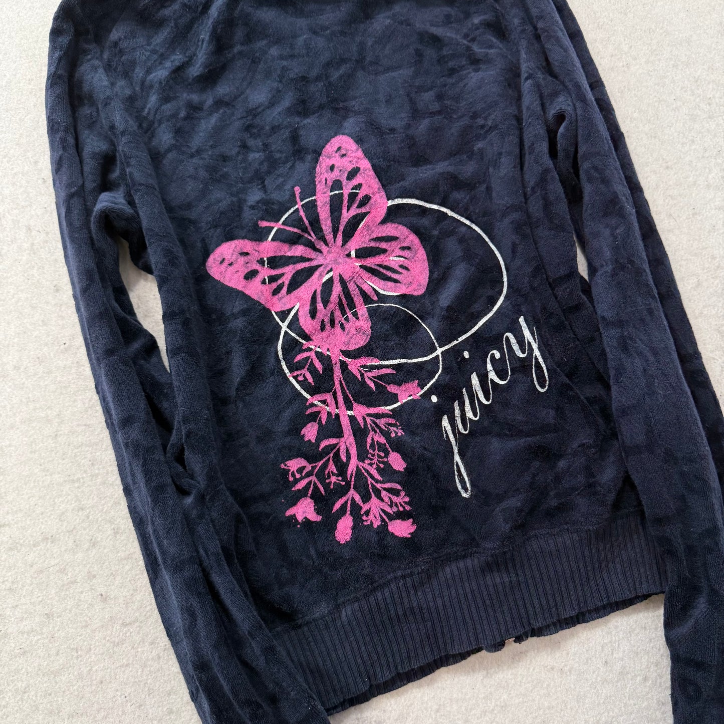 Vintage Juicy Couture Women Navy Terrycloth Butterfly Print Zip-Up Hoodie Size S