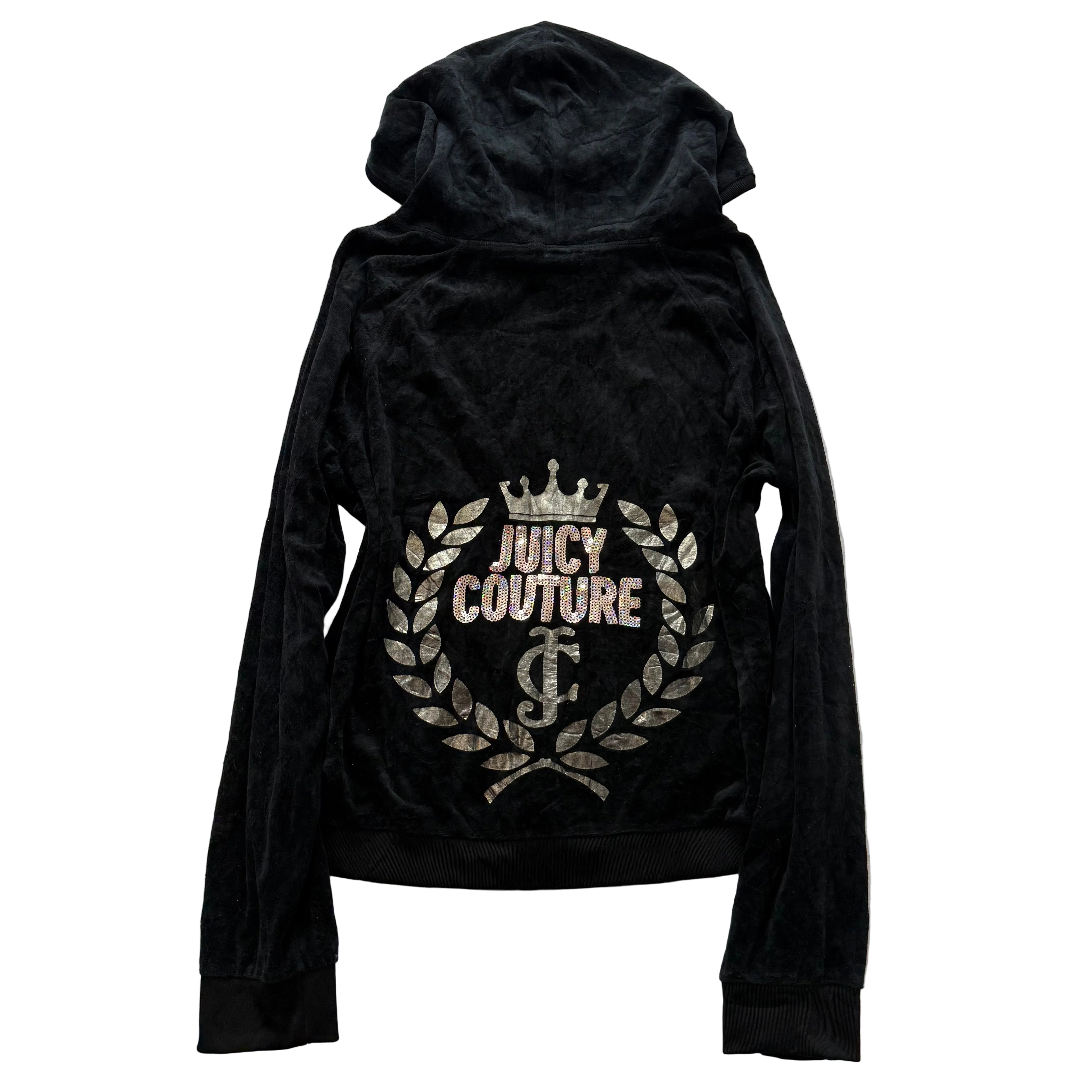 Juicy Couture Women's Black Velour Zip-Up Hoodie Gold Sequins Logo Y2K Size XL