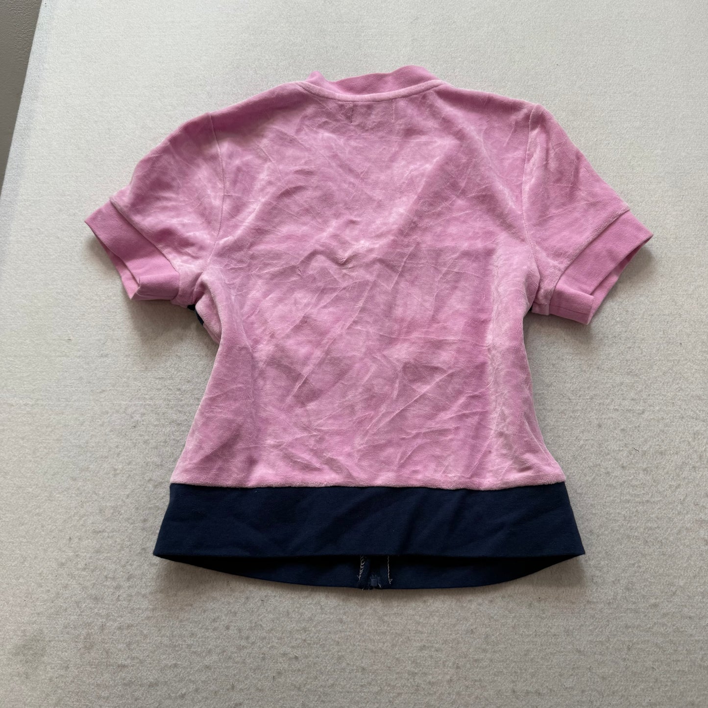 Juicy Couture Women's Pink Blue Striped Velour Blouse Top Full Zip Short Sleeve
