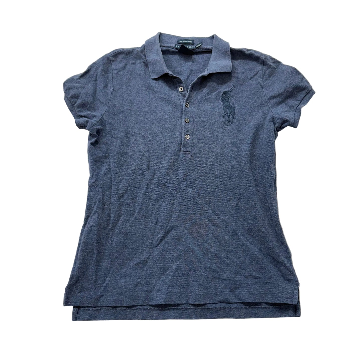 Ralph Lauren The Skinny Polo Women's Navy Cotton Polo Shirt Cap Sleeves Size L