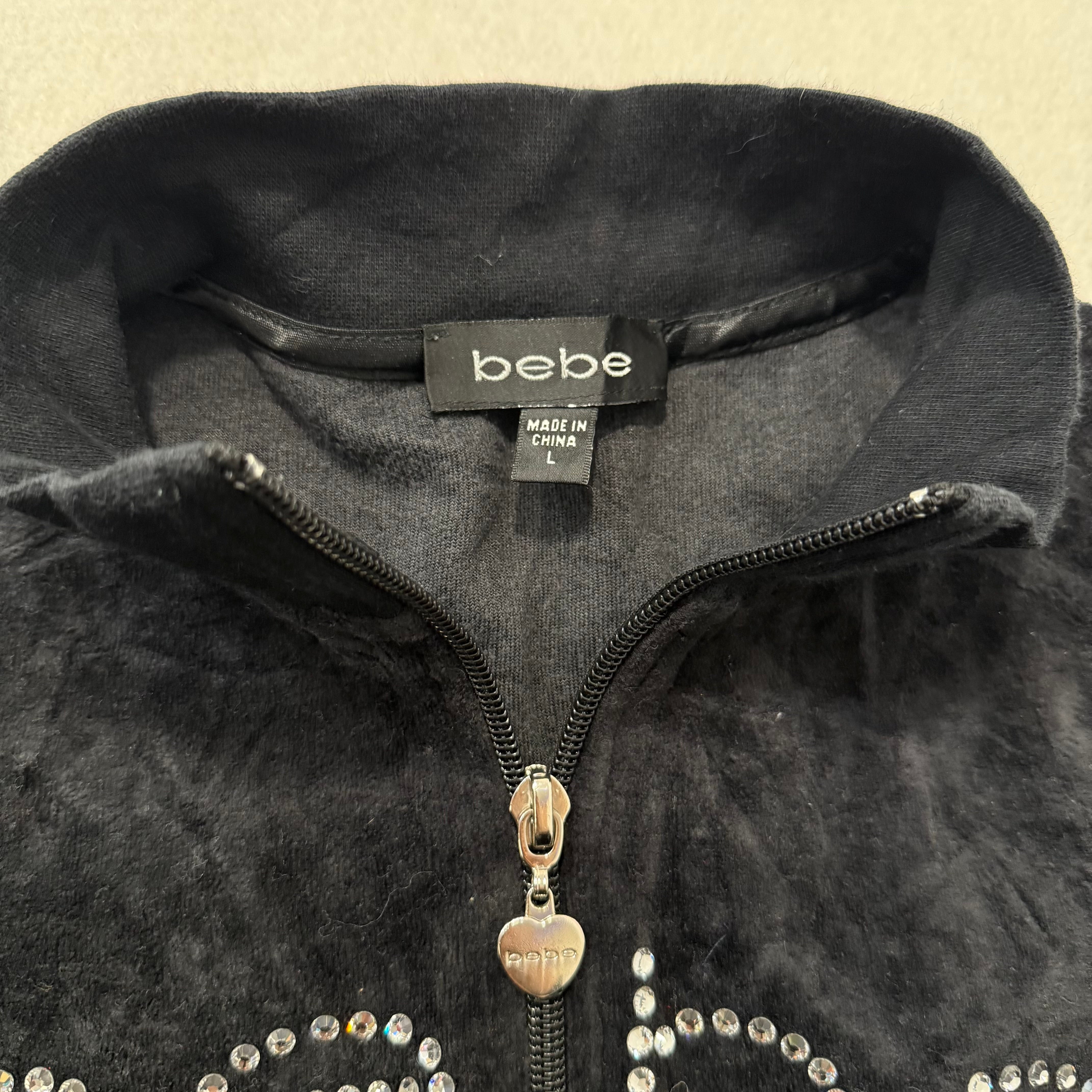 Bebe black velour rhinestone cargo pocket zip jacket size L