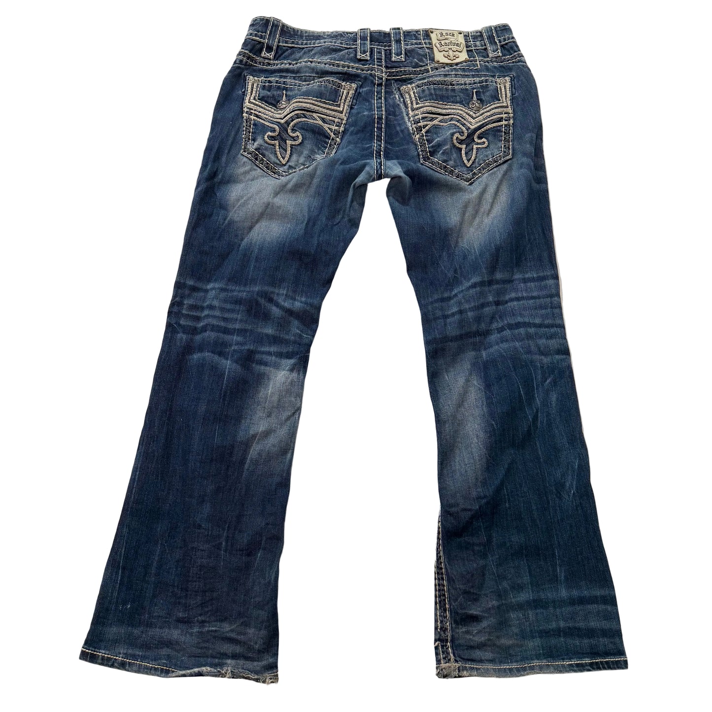Rock Revival Auster Women's Blue Denim Bootcut Jeans Fleur-De-Lis Pocket Size 34