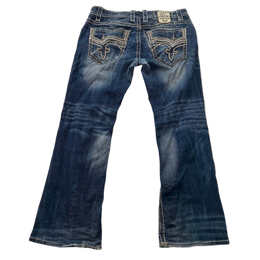 Rock Revival Auster Women's Blue Denim Bootcut Jeans Fleur-De-Lis Pocket Size 34
