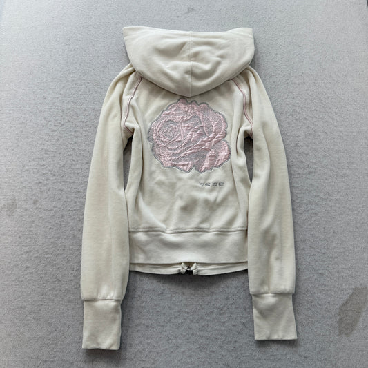 Bebe Womens Cream Velour Zip-Up Hoodie Pockets Embroidered Pink Rose Y2K Size XS