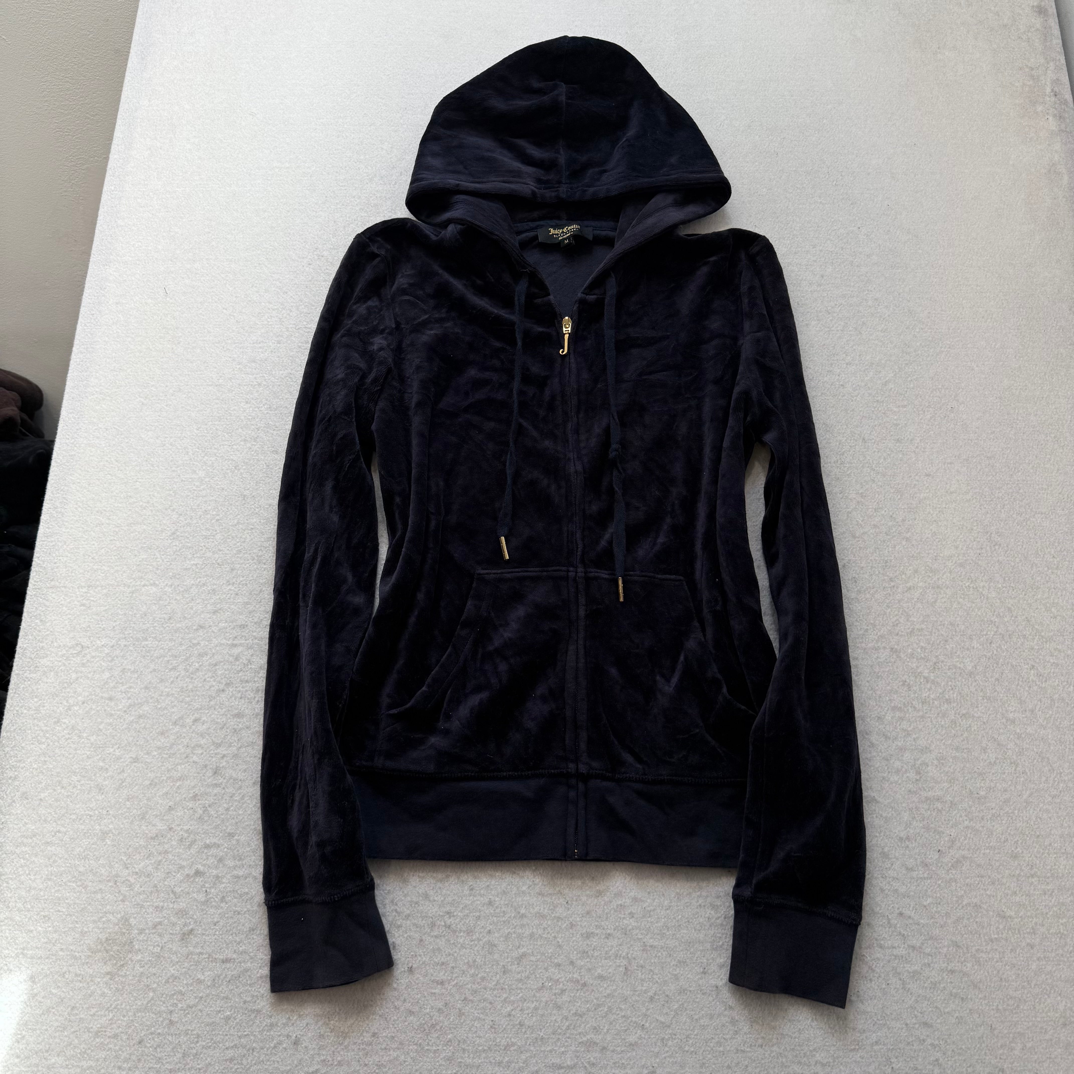Juicy Couture Women Navy Velour Zip-Up Hoodie Gold Embellished Crown Logo Size M