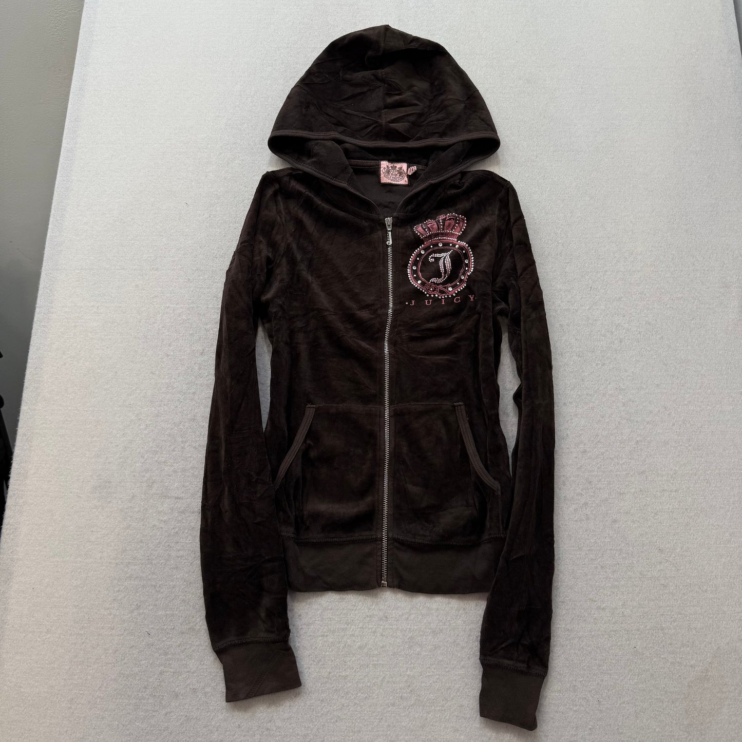 Vintage Juicy Couture Women's Brown Velour Zip Up Hoodie Rhinestones Logo Size S