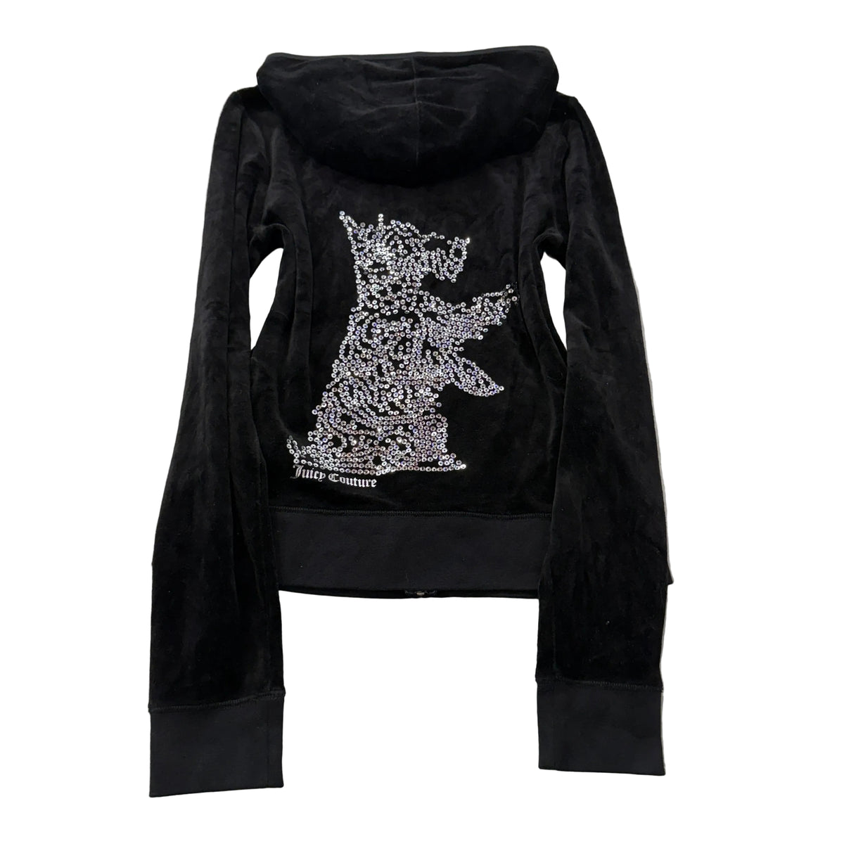 Juicy Couture Women's Black Velour Zip-Up Hoodie Sequin Dog Logo Pockets Size L