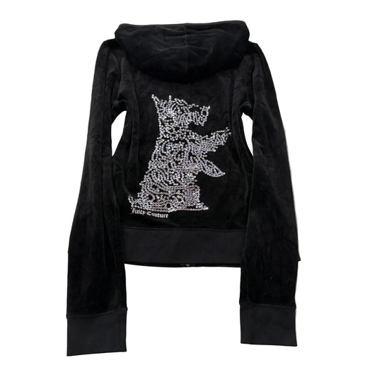 Juicy Couture Women's Black Velour Zip-Up Hoodie Sequin Dog Logo Pockets Size L