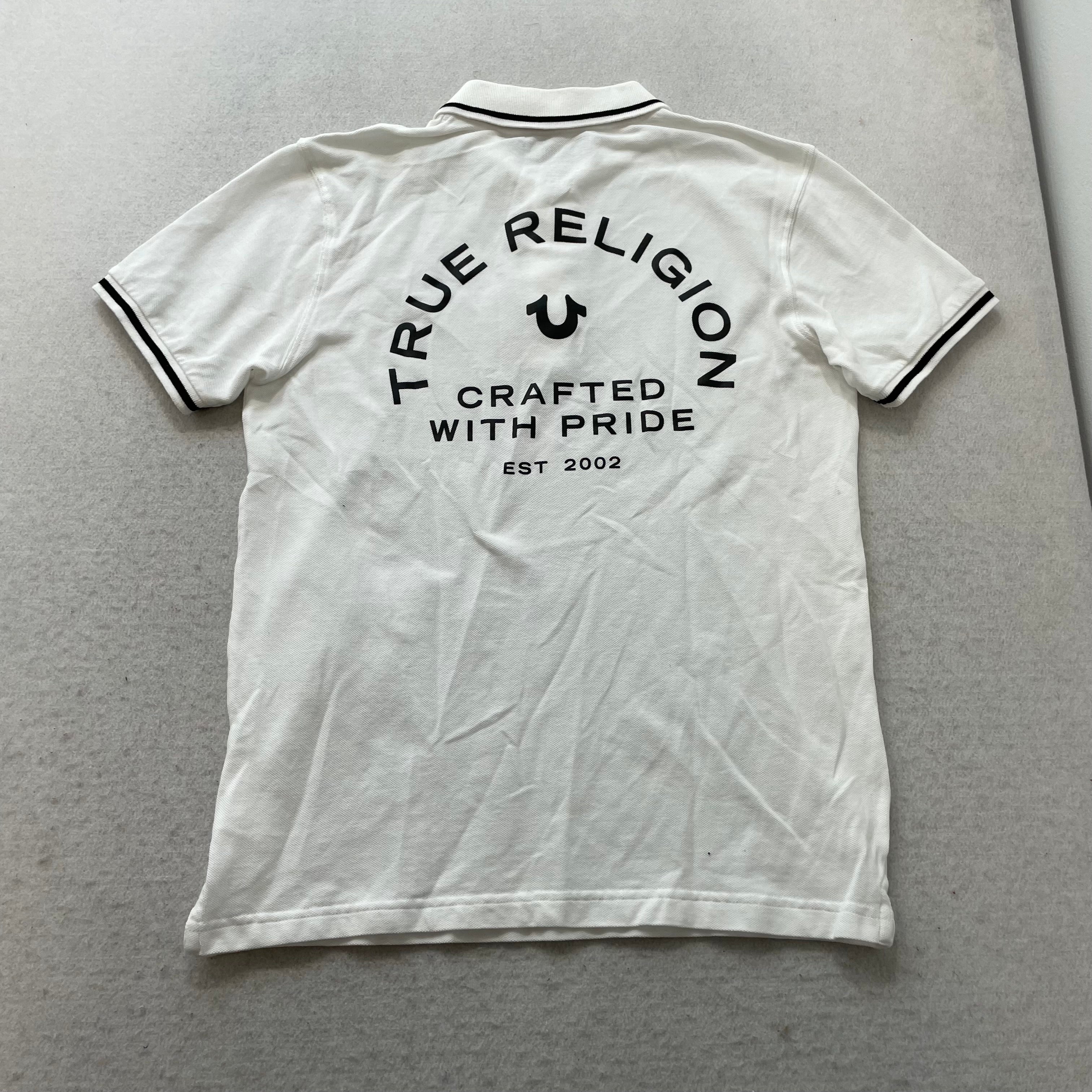 True Religion Polo Shirt Men's White Crafted With Pride Back Print Logo Size S