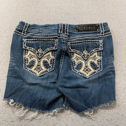 L.A. Idol Cutoff Denim Shorts Women's Blue Embellished Pocket Frayed Size 13 photo 2