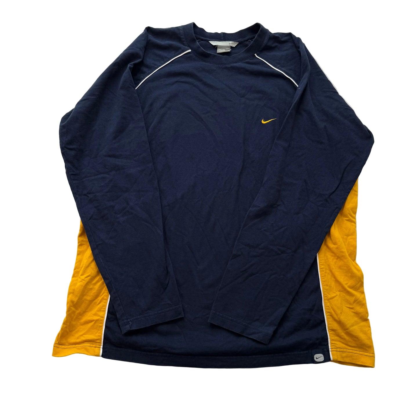 Nike Men Navy Yellow Cotton T-Shirt Long Sleeves Raglan Cut Swoosh Logo Size 2XL