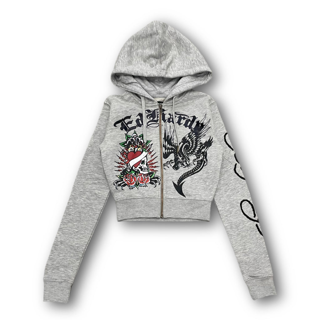 ED HARDY “Heart Roses” GREY CROPPED ZIP UP HOODIE
