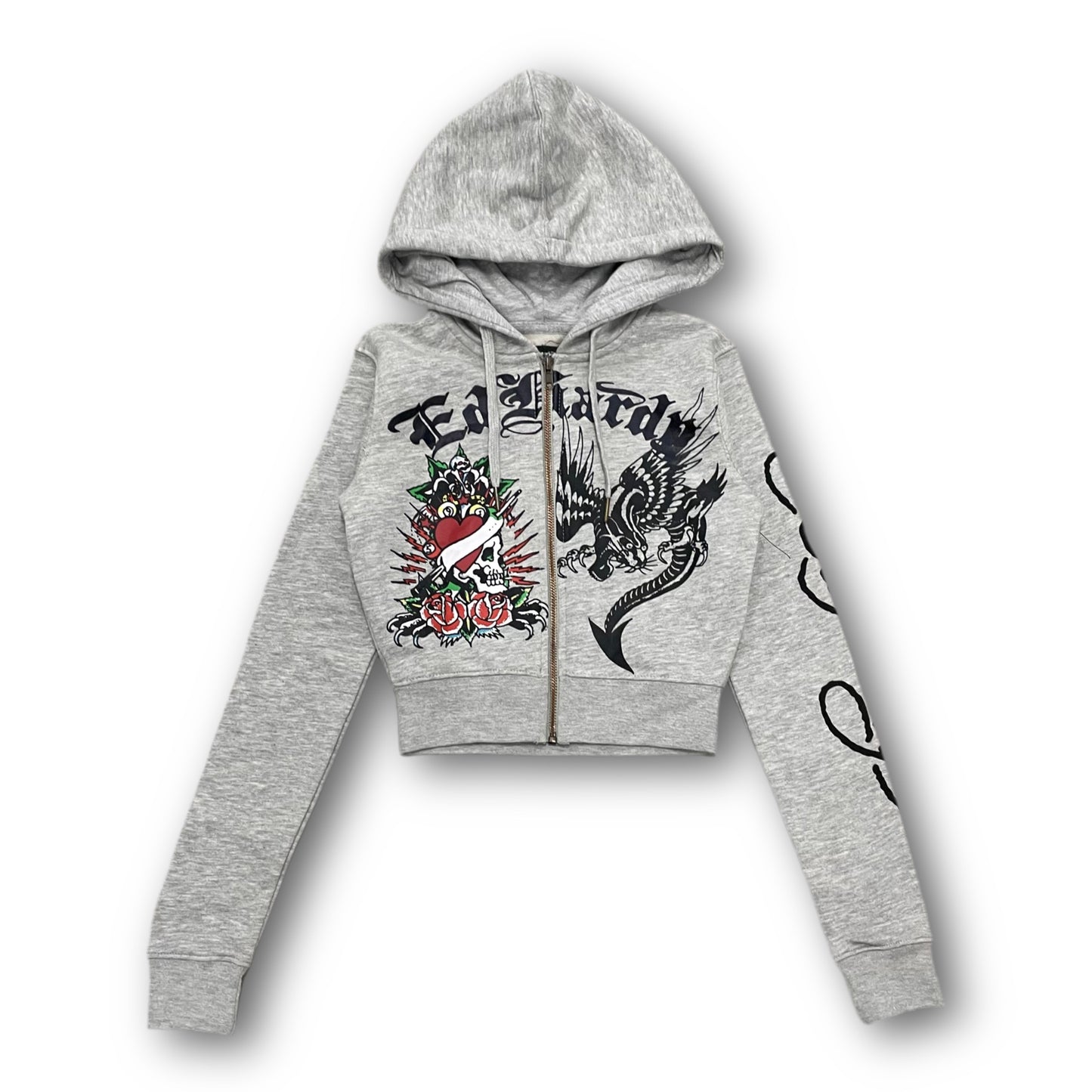 ED HARDY “Heart Roses” GREY CROPPED ZIP UP HOODIE - Clean Curriculums 