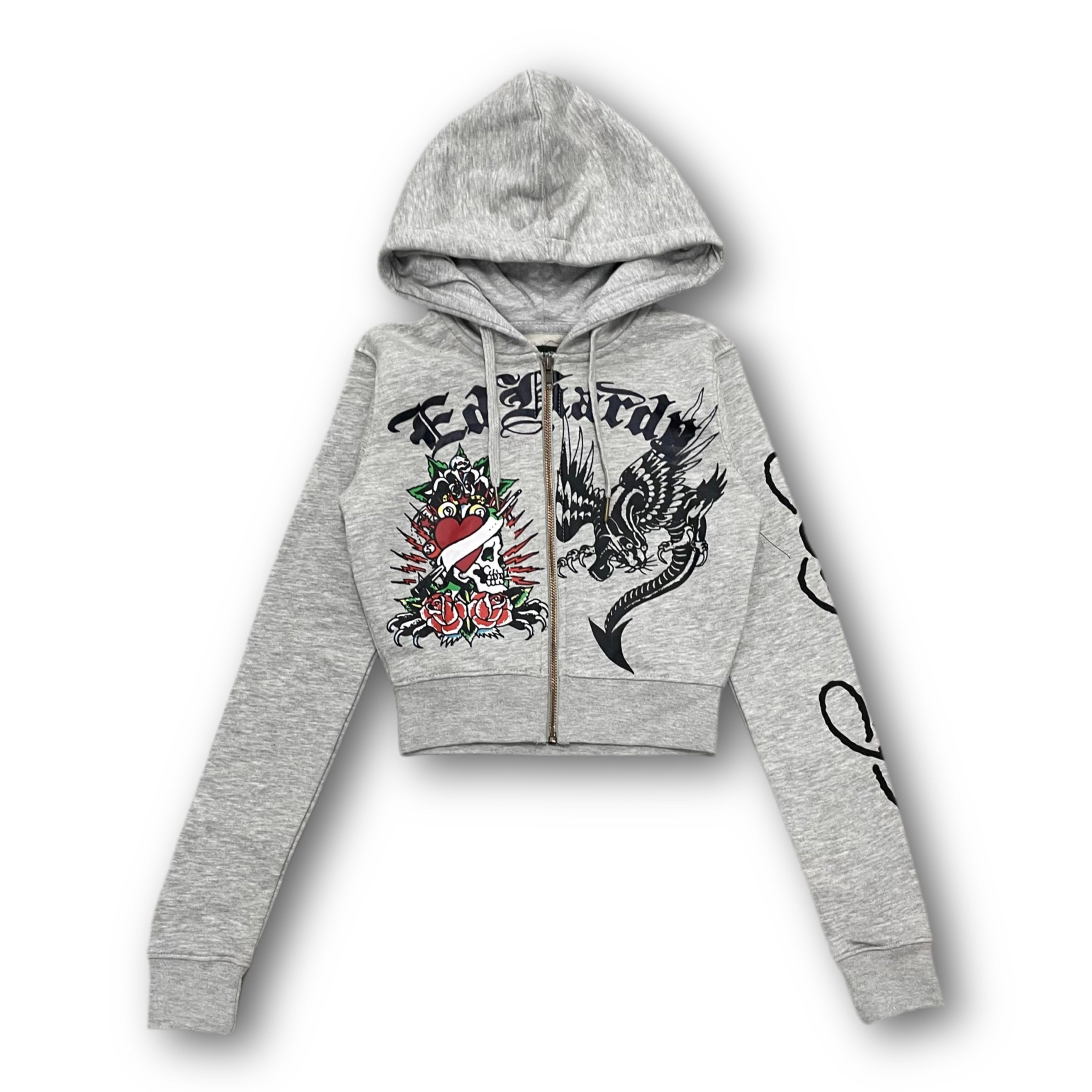 ED HARDY “Heart Roses” GREY CROPPED ZIP UP HOODIE