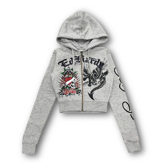 ED HARDY “Heart Roses” GREY CROPPED ZIP UP HOODIE - Clean Curriculums 
