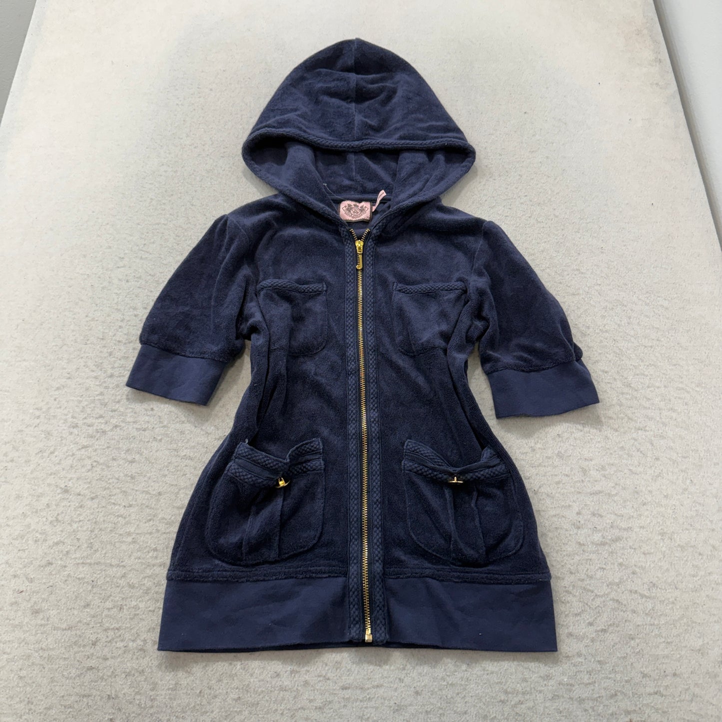 Juicy Couture Women's Navy Blue Velour Half Sleeve Zip-Up Hoodie Pockets Size M