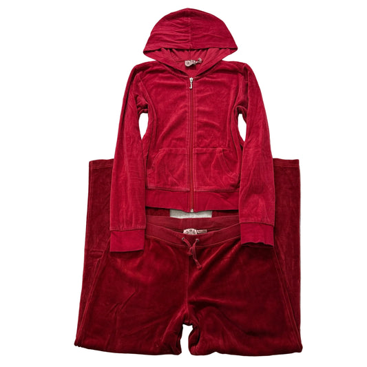 Juicy Couture Women's Red Velour Tracksuit Set Hoodie & Flared Pant Size M