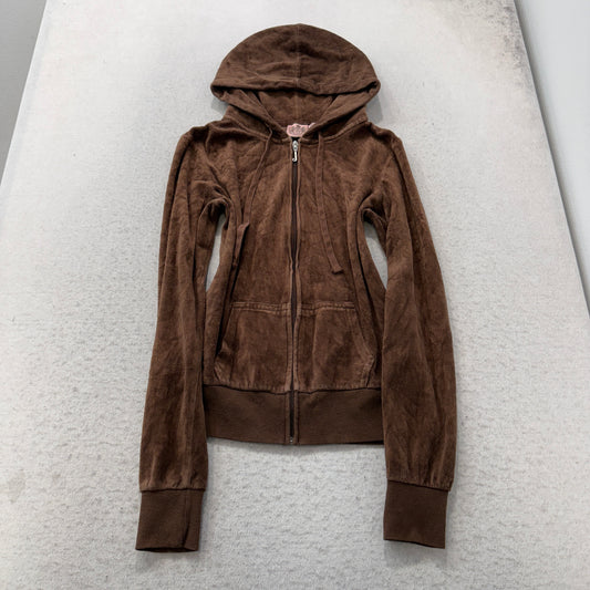 Vintage Juicy Couture Womens Brown Velour Zip-Up Hoodie Butterfly Graphic Size S