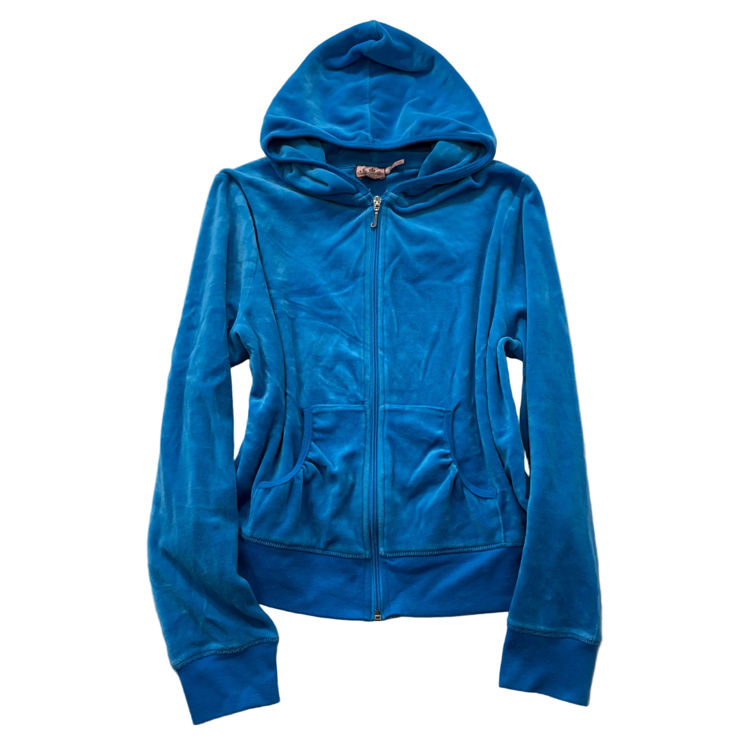 Juicy Couture Womens Cobalt Blue Velour Zip-Up Hoodie Loungewear Pockets Size XL