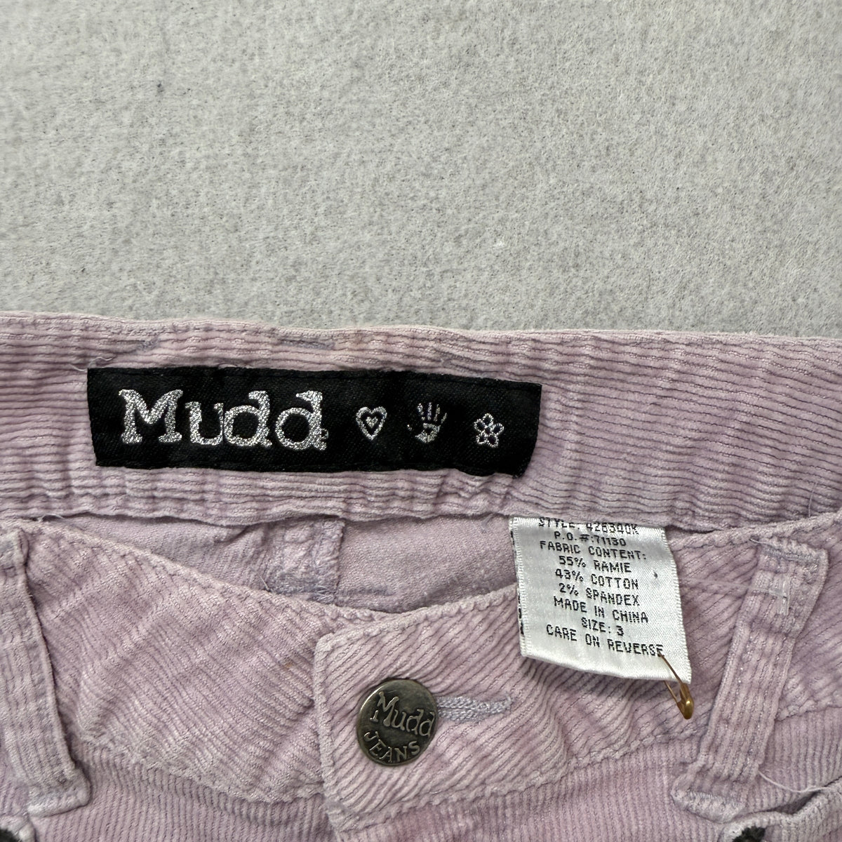 Mudd Corduroy Flare Pants lavender tag detail