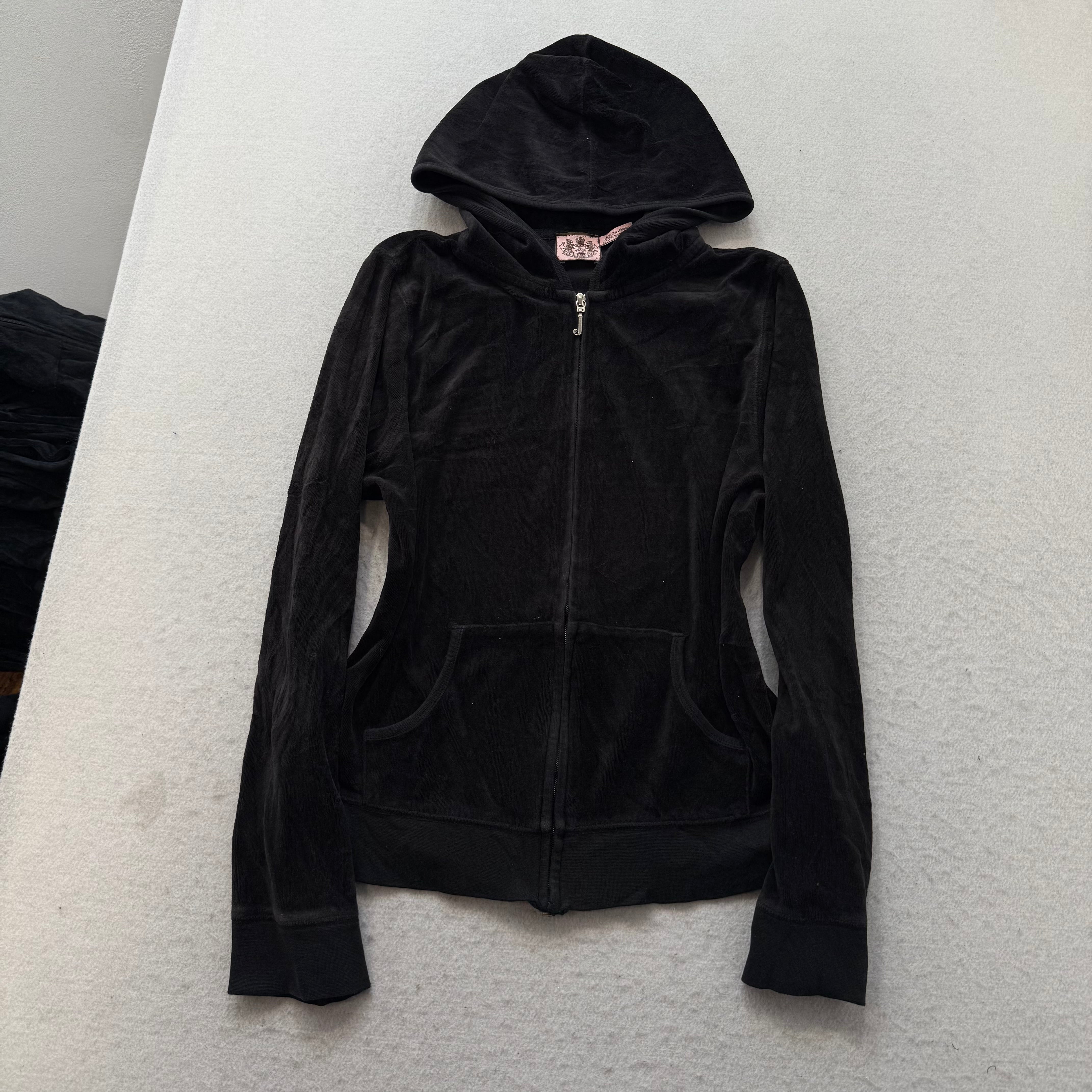 Vintage Juicy Couture Women's Black Velour Tracksuit Set Hoodie & Pant Size L/XL