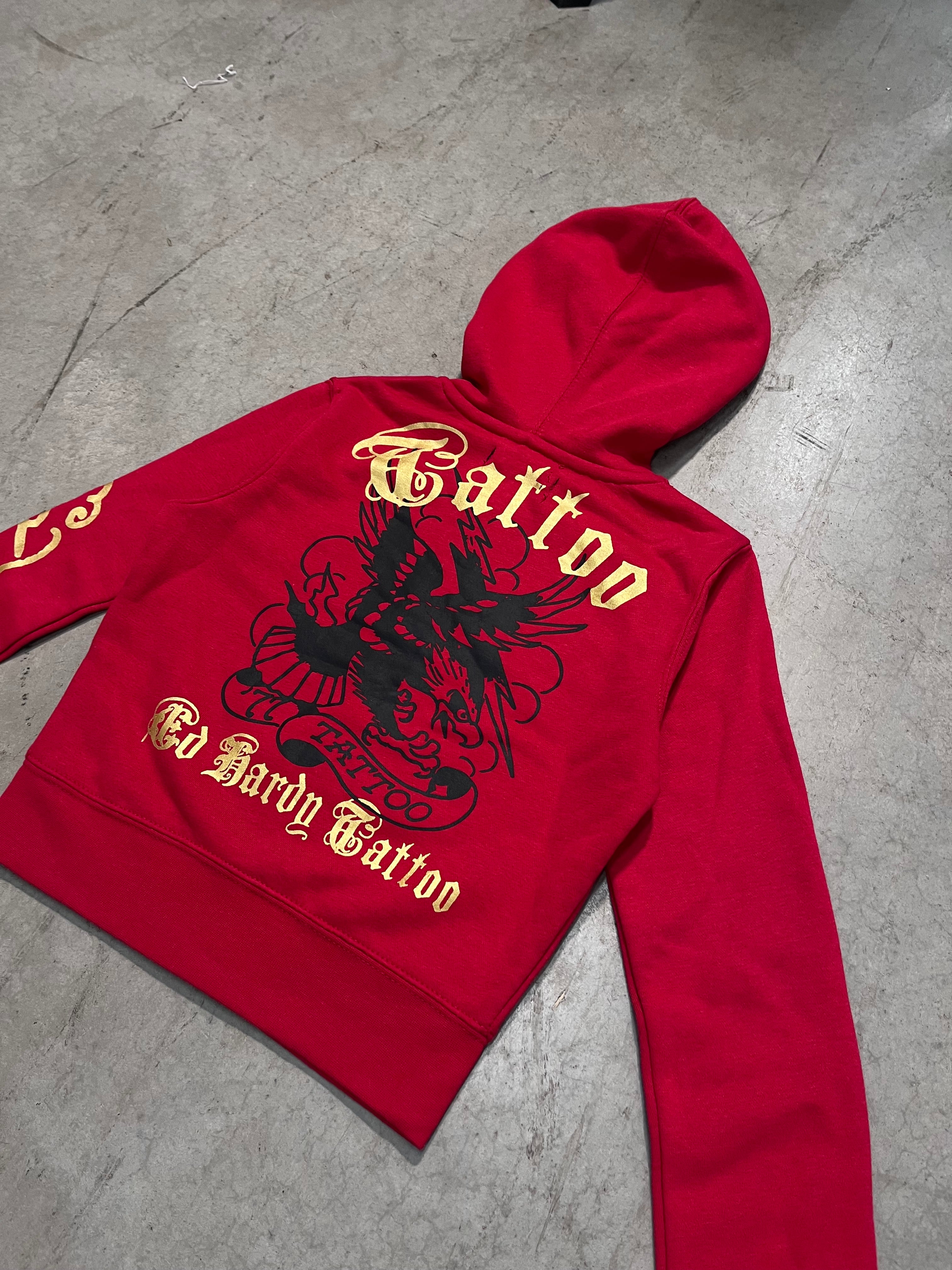 ED HARDY “Broken Hearts” RED CROPPED ZIP UP HOODIE