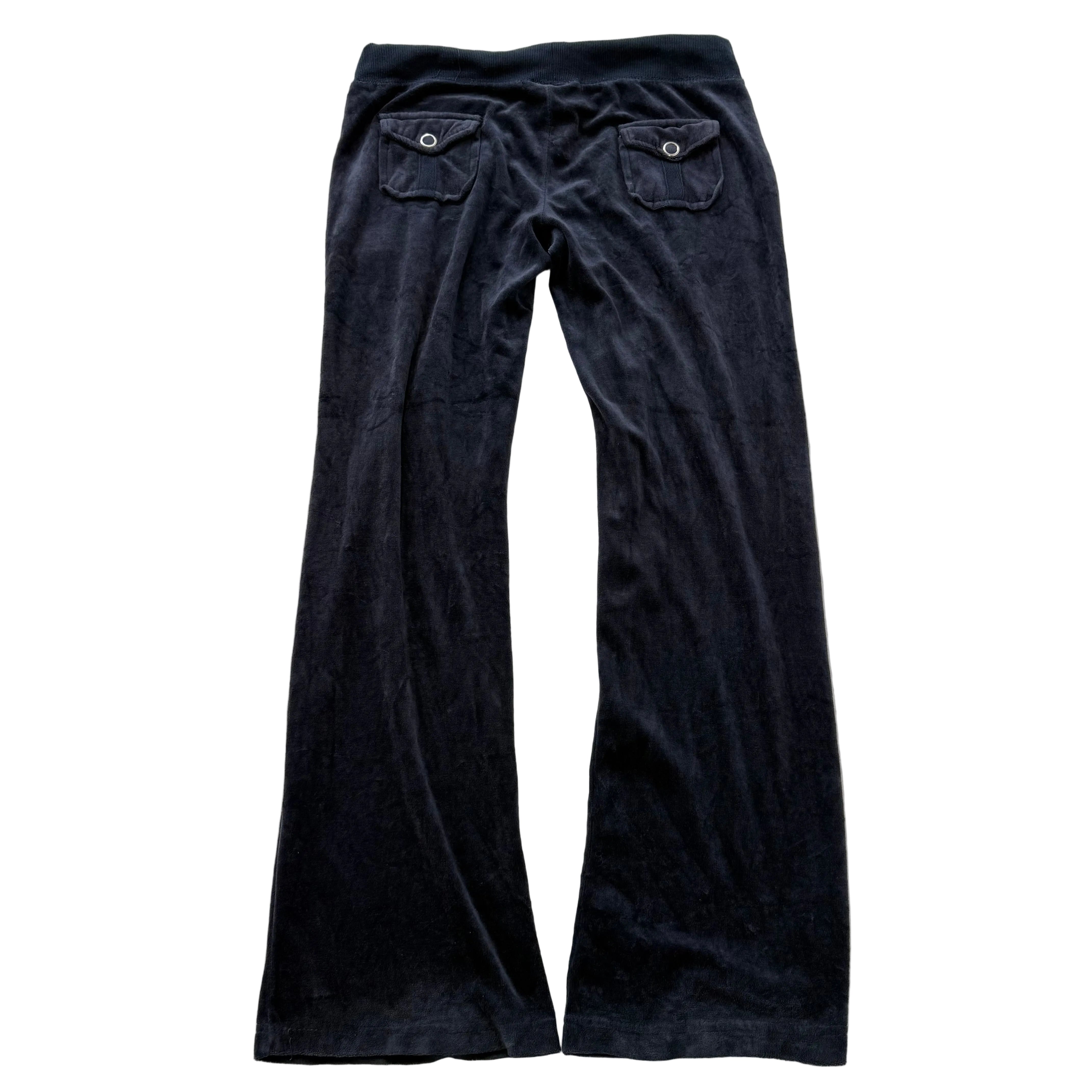 Juicy Couture Women's Navy Blue Velour Flared Track Pant Back Snap Pocket Size M