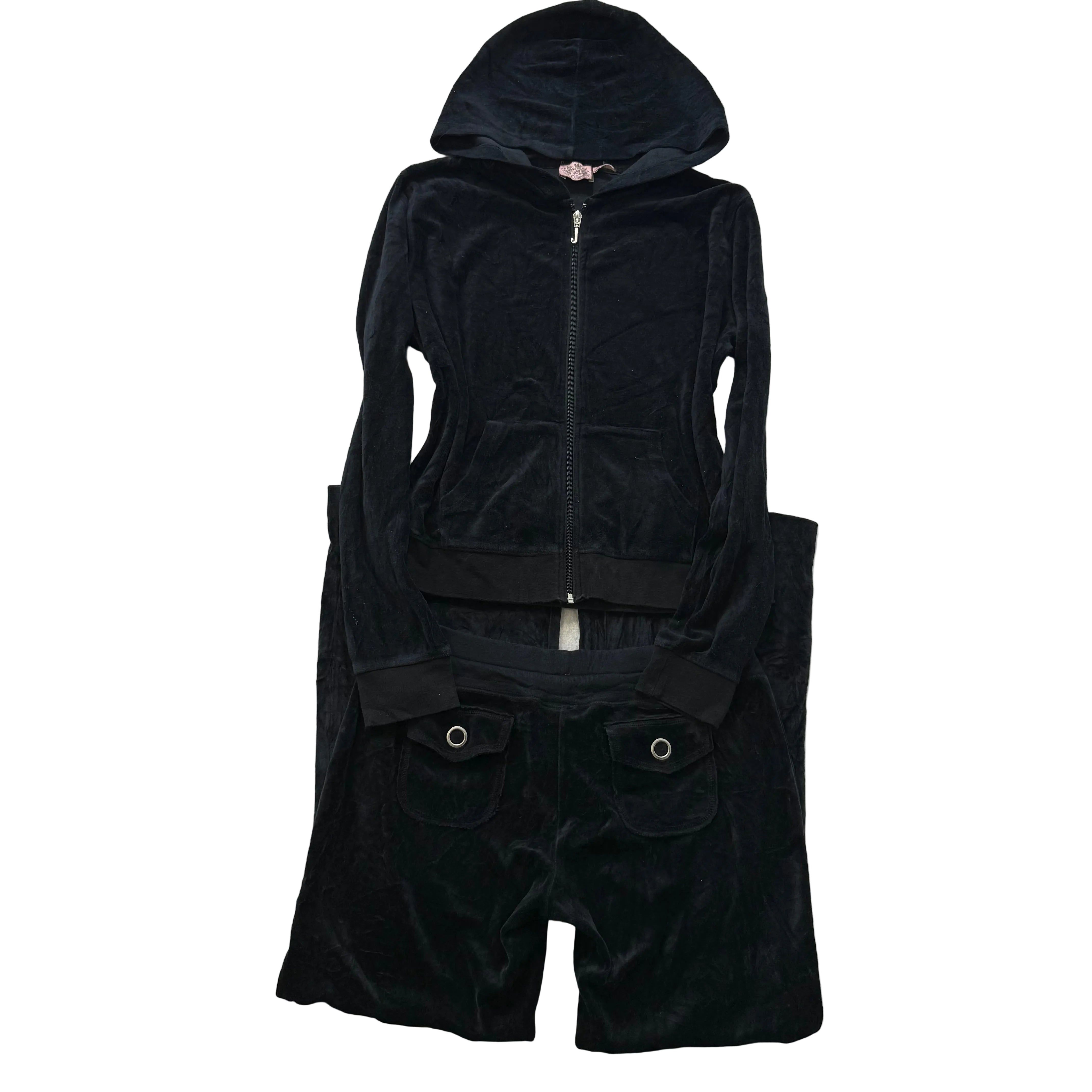 Juicy Couture Women Black Velour Tracksuit Set Zip-Up Hoodie & Flare Pant Size M