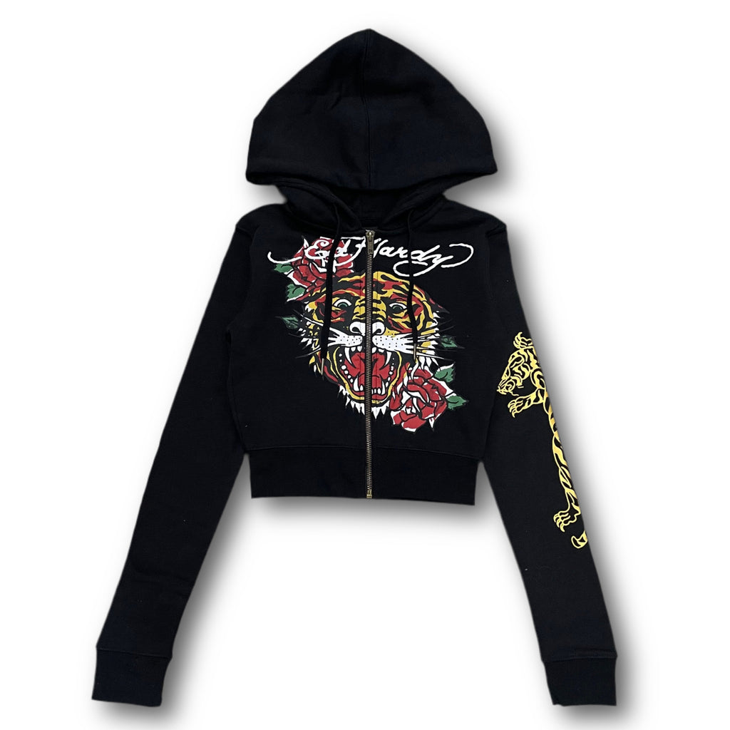 ED HARDY “tiger roar” black cropped zip up hoodie