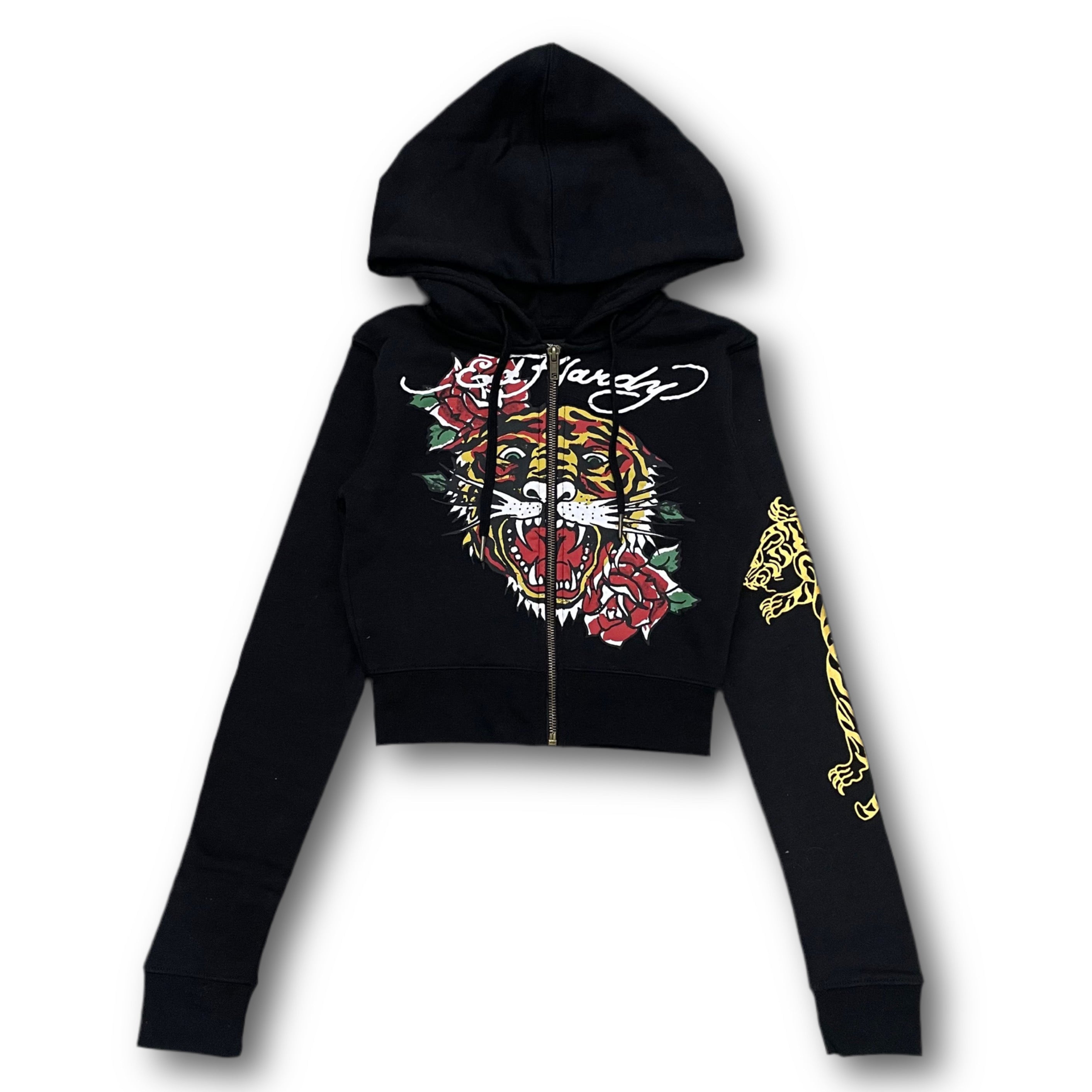 ED HARDY “tiger roar” black cropped zip up hoodie